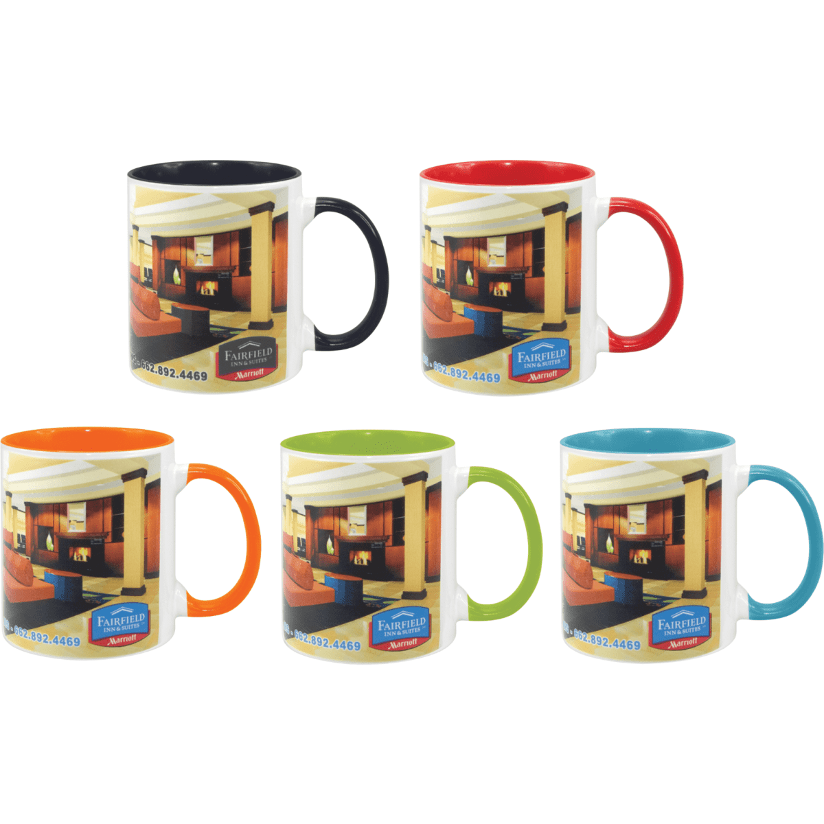 A selection of five two-tone sublimation mugs in black, red, orange, green, and blue, each with a logo.