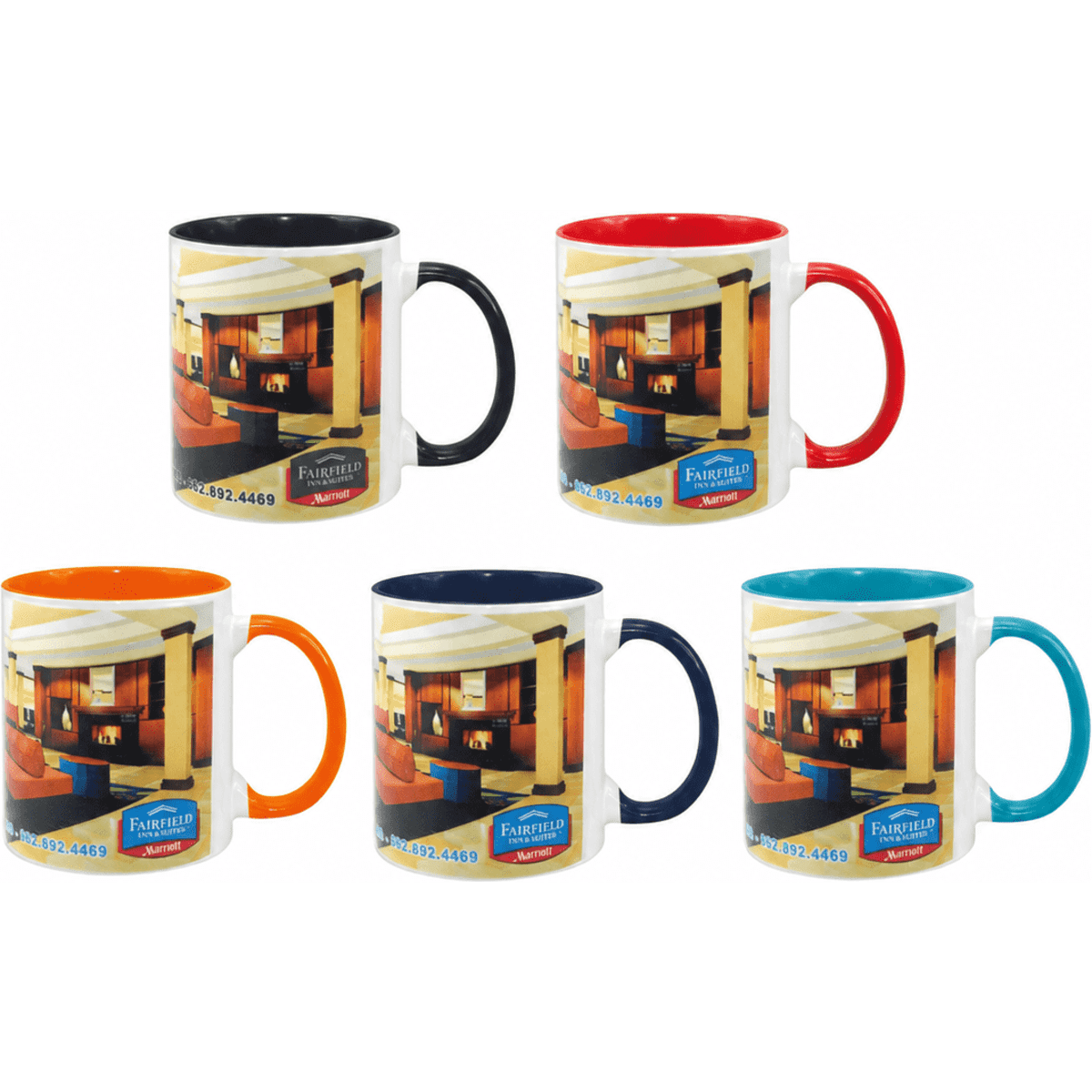 A drinkware collection featuring five two-tone sublimation mugs in black, red, orange, and blue with a logo.