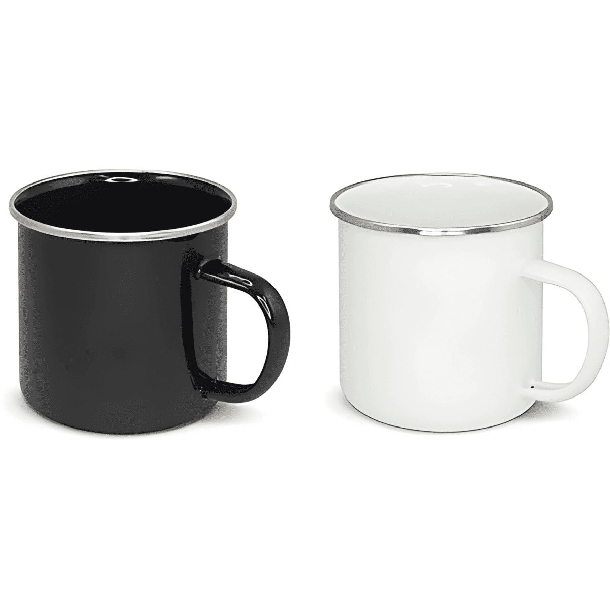 A pair of enamel camping mugs in black and white, each with a silver rim and a handle.