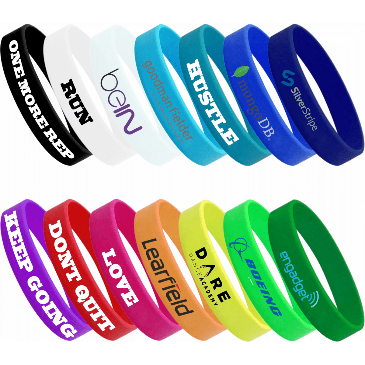 A collection of silicone wristbands in various colours such as blue, green, orange, black, and white, featuring different logos.