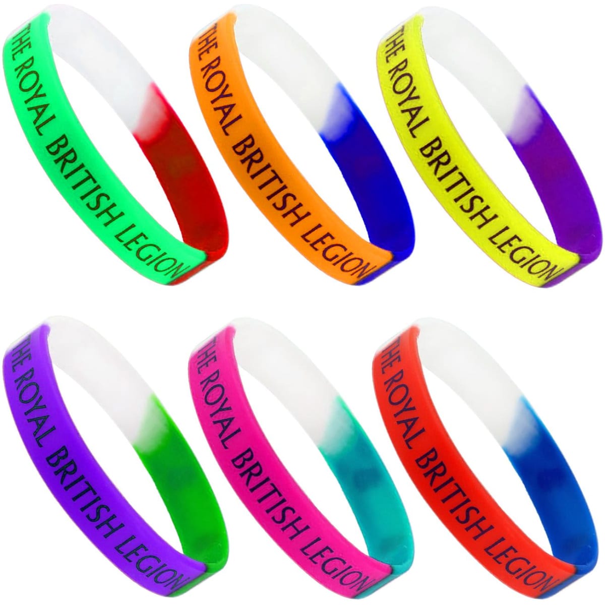 Silicone wristbands in tri-colour designs: green, purple, pink, and orange with a logo.