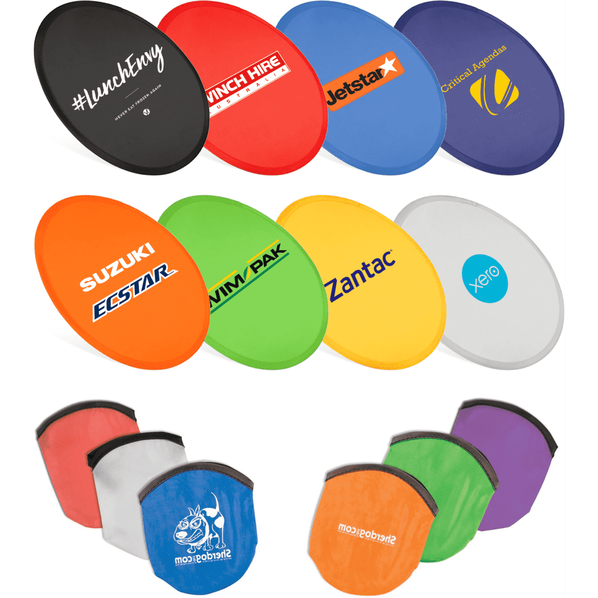 A collection of colourful nylon foldable flyers in various colours, featuring multiple logos and a set of mesh bags.