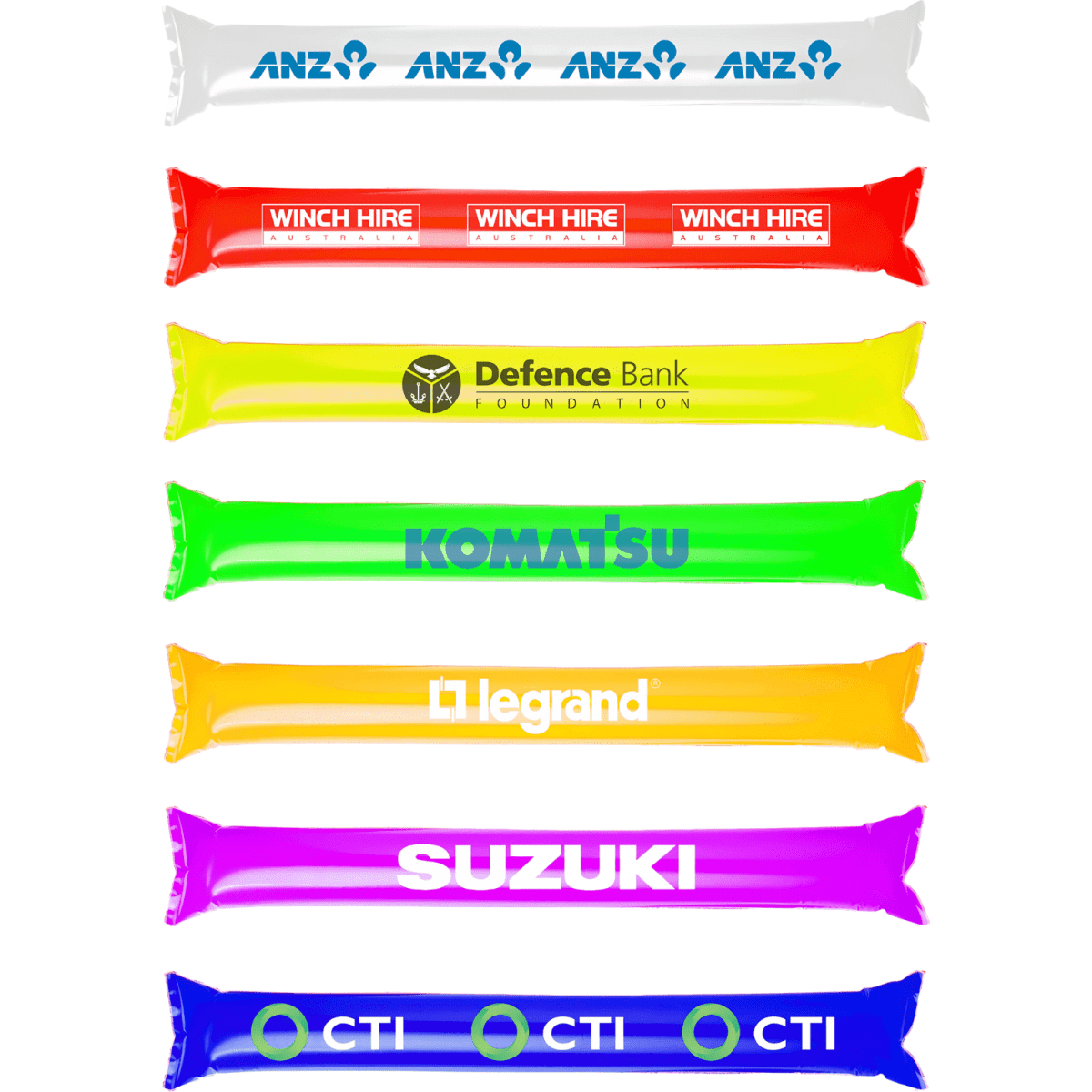 A selection of brightly coloured cheering sticks in various shades, featuring multiple logos.