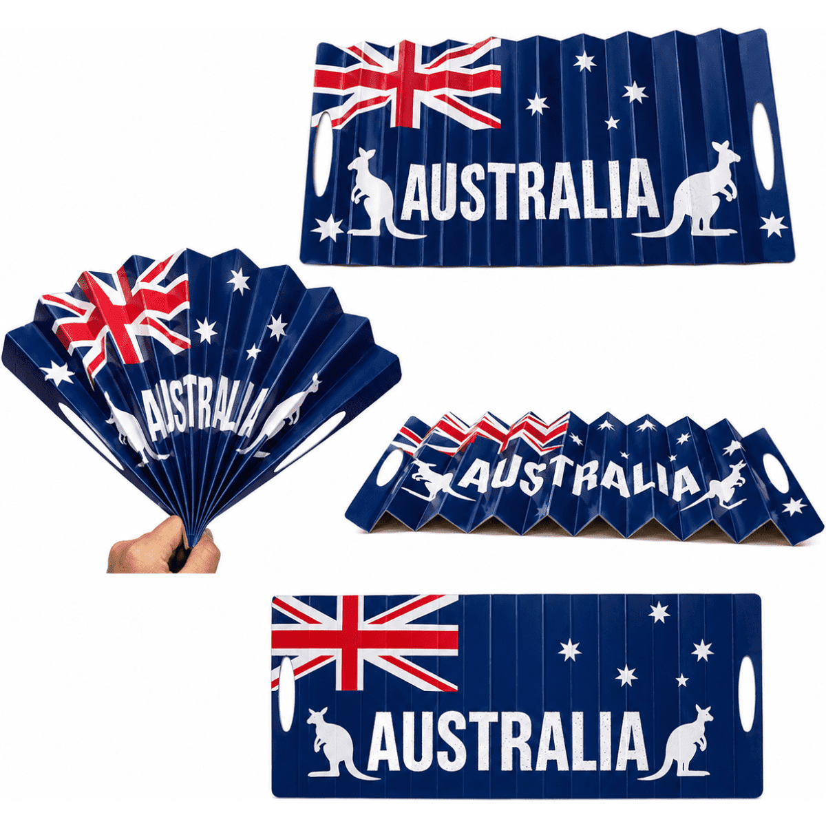 A blue cardboard clapper featuring the Australian flag and kangaroo design, with a logo and multiple folding sections.