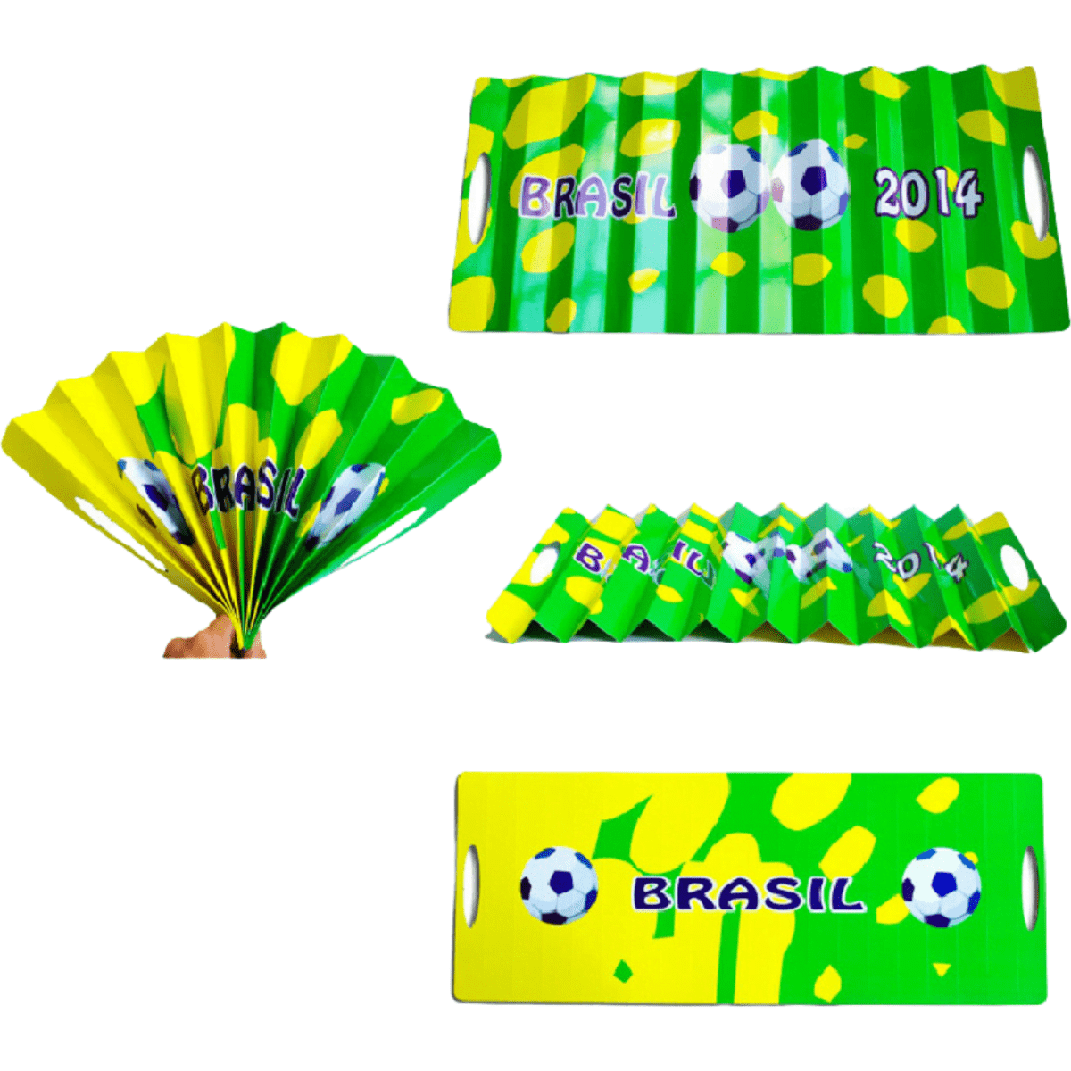 A yellow and green cardboard clapper with soccer graphics and the text "Brasil 2014," featuring a fan design.