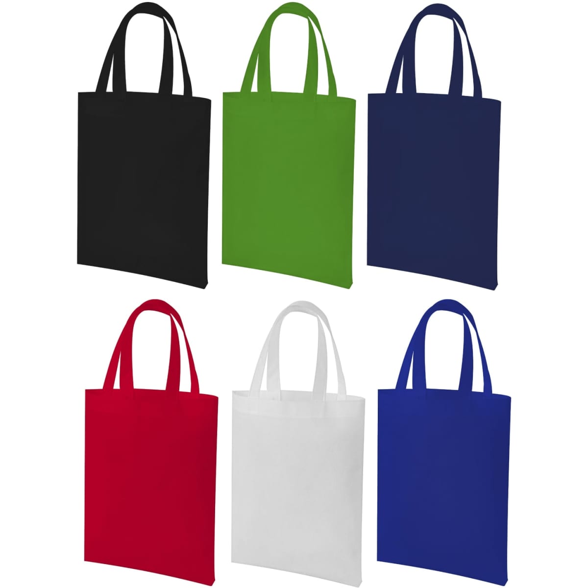 A collection of tote bags in black, green, navy, red, white, and blue, all featuring short handles and a logo.