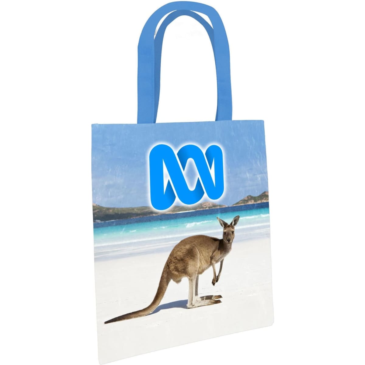 A tote bag featuring a kangaroo on a beach background, with blue handles and a logo.