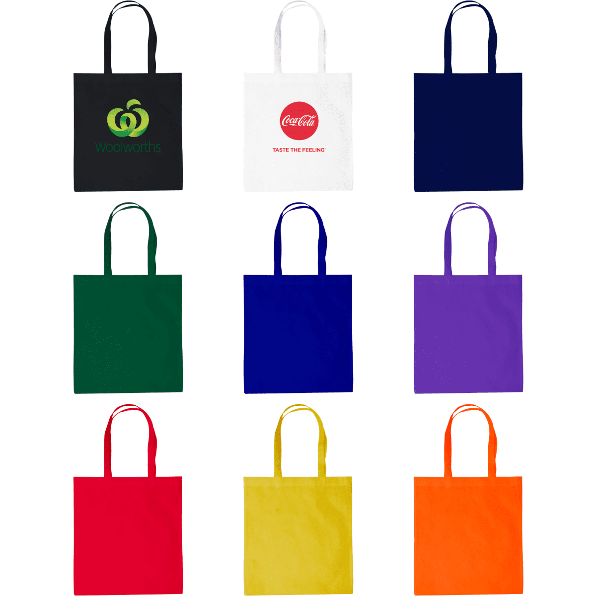 A collection of tote bags in various colours: white, navy, green, blue, purple, and yellow, each featuring a logo.