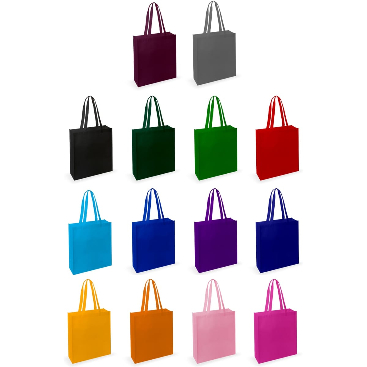 A collection of tote bags in various colours, including grey, black, green, red, blue, purple, yellow, orange, and pink, with straps.