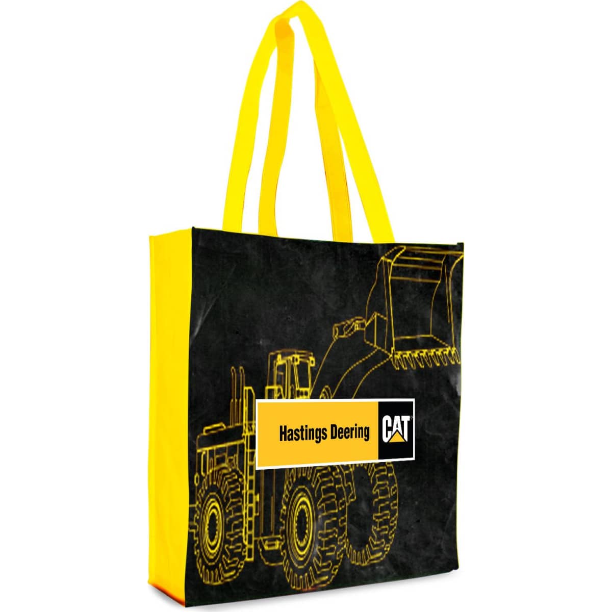 A black tote bag featuring a yellow design of heavy machinery, with yellow handles and a branded logo.