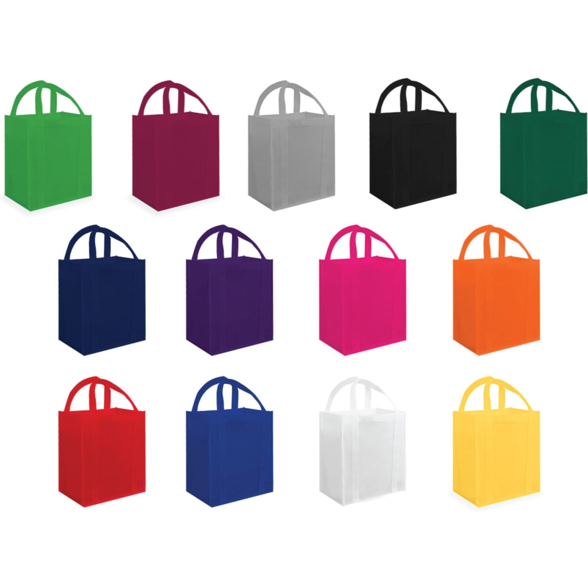 A collection of tote bags in various colours including green, purple, black, pink, orange, and yellow, each with handles.