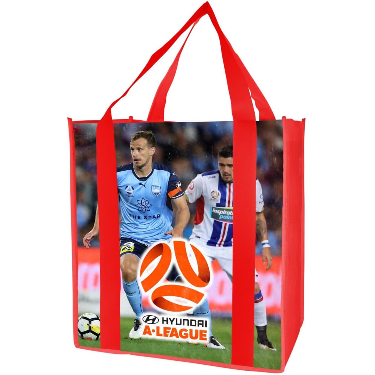 A red tote bag with a large image featuring football players and a logo. It has sturdy handles for easy carrying.