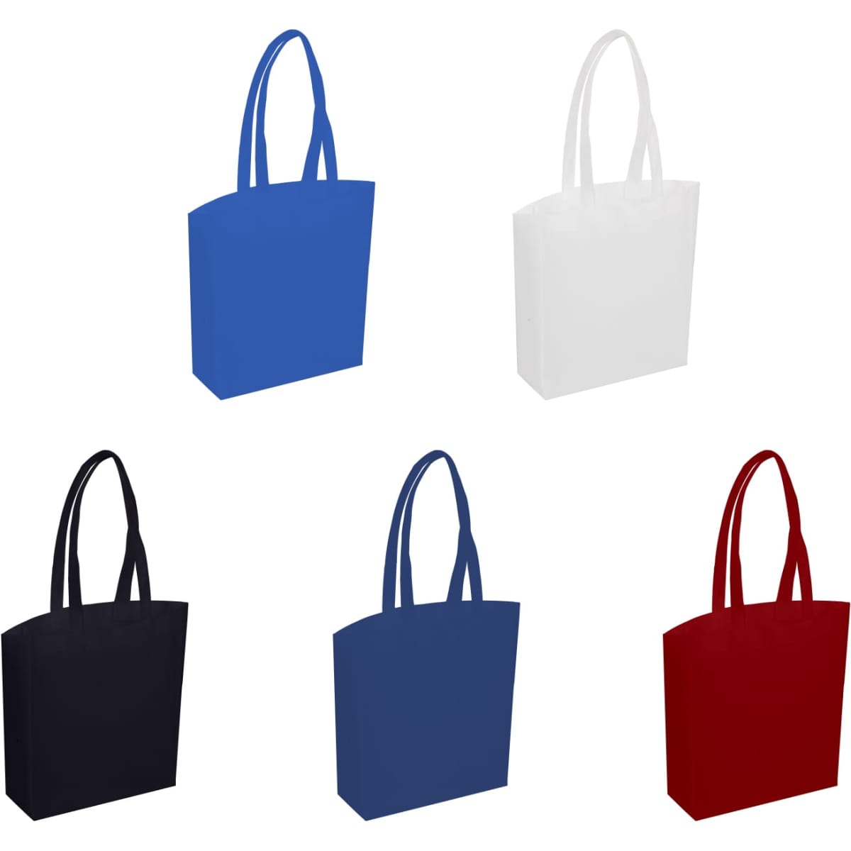 A collection of tote bags in blue, white, black, navy, and red, each with two handles and a simple design.