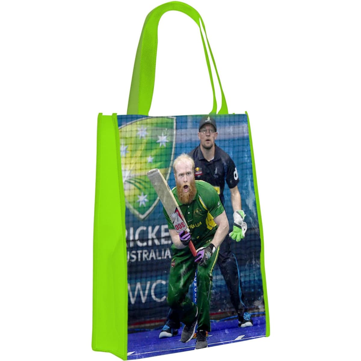 A green tote bag featuring a cricket player in action, with a logo design on one side.