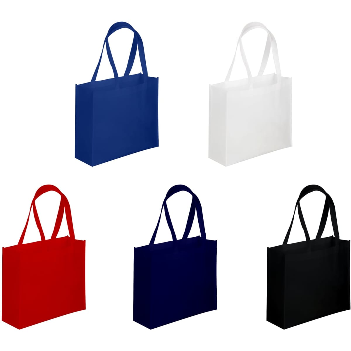 A collection of tote bags in red, white, blue, navy, and black, featuring strong handles and a simple design.