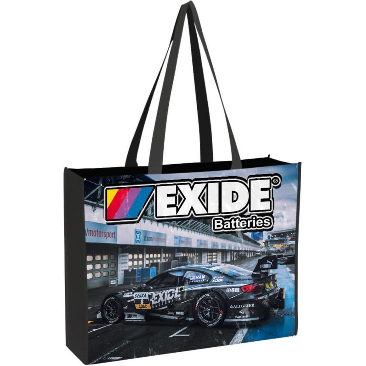 A black tote bag featuring a car design and a logo, with sturdy handles for easy carrying.