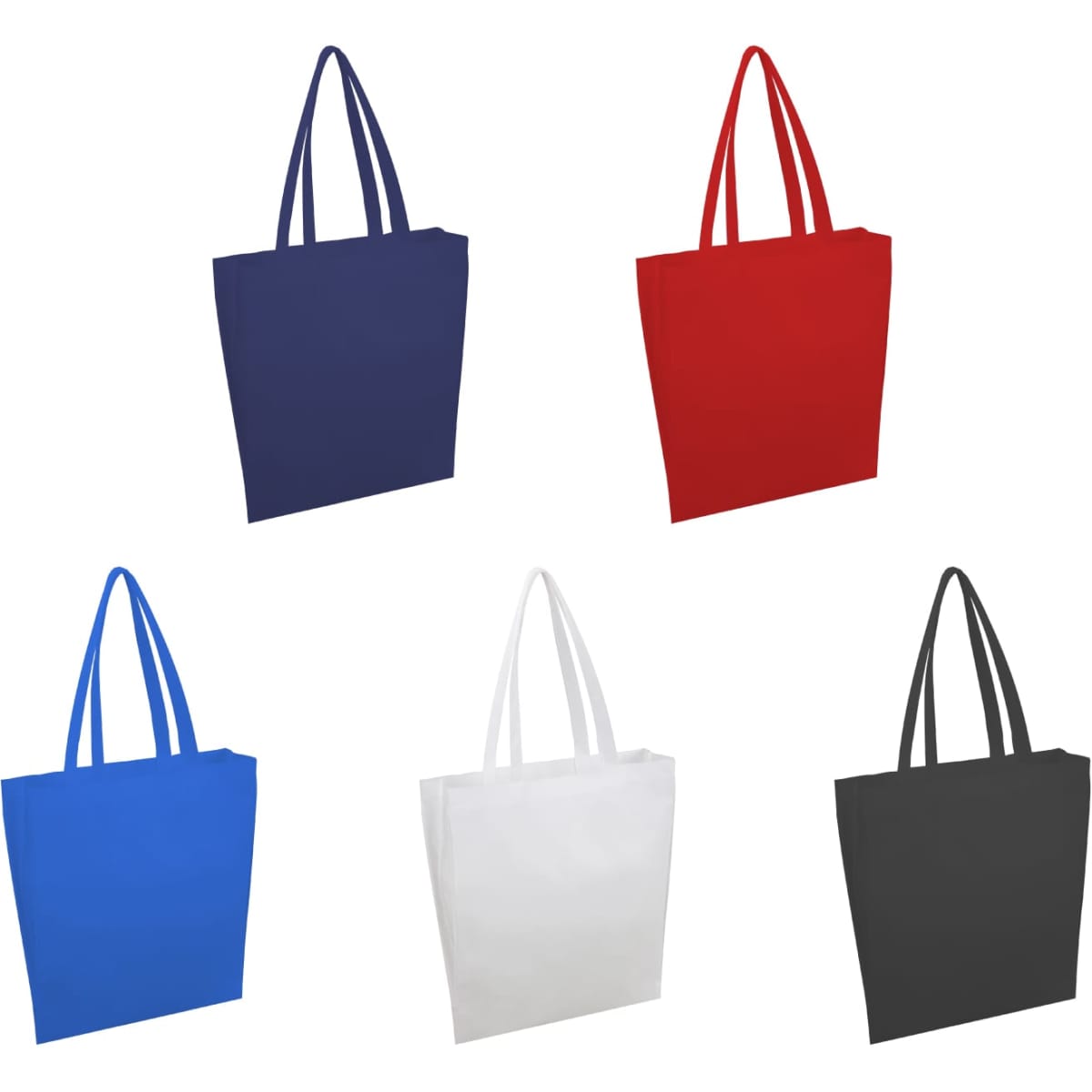 A collection of tote bags in navy, red, blue, white, and black, all featuring simple designs and handles.