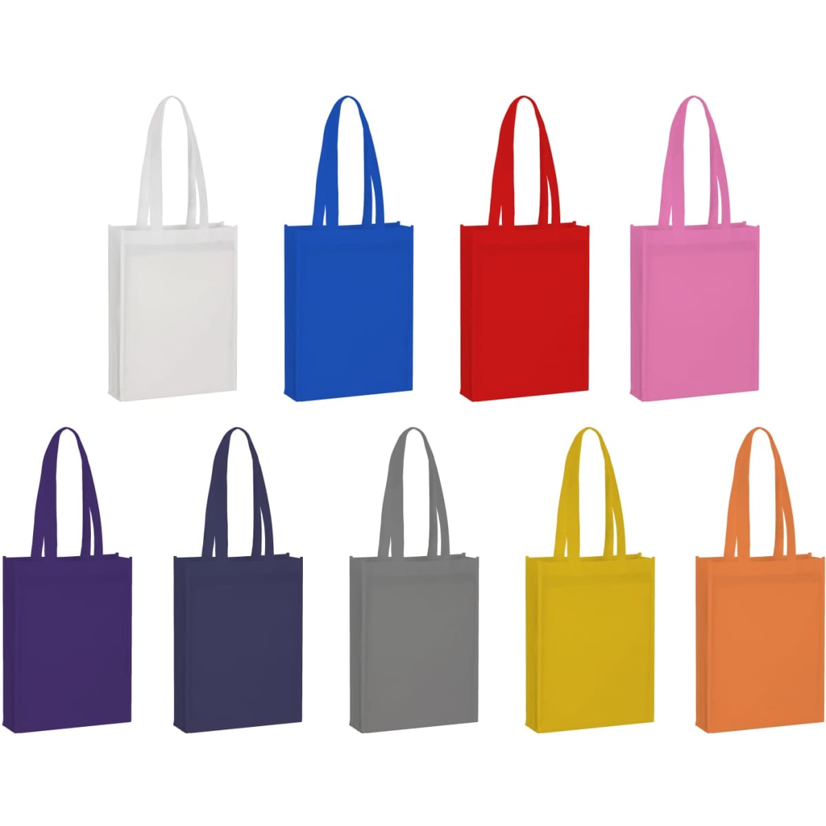 A range of Noosa A4 non-woven promo bags in various colours including white, blue, red, pink, purple, grey, and yellow. Each bag has a logo.