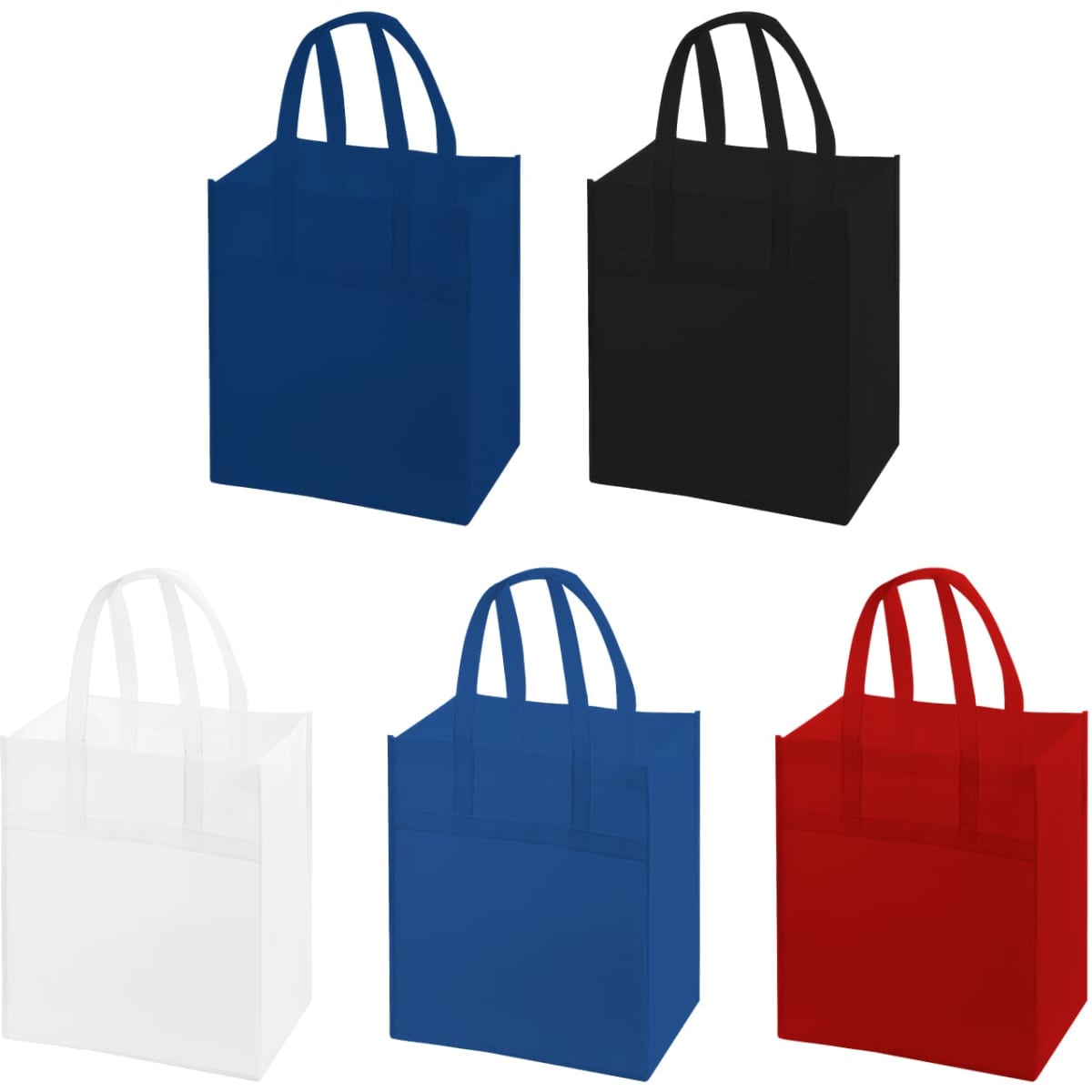 A large non-woven shopping bag in black, blue, red, and white, featuring handles and a logo.