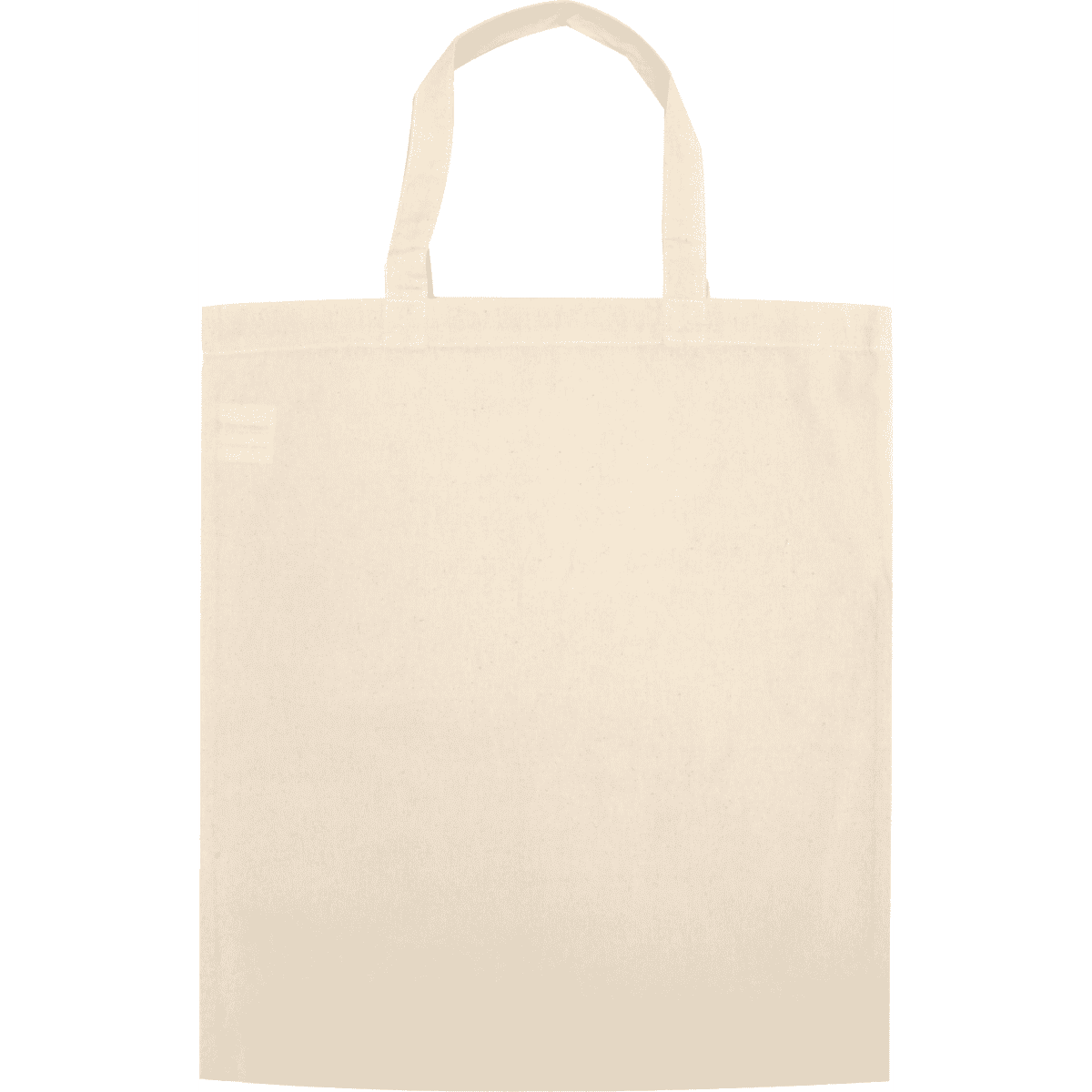 A light beige tote bag with short handles and a small logo on the side.