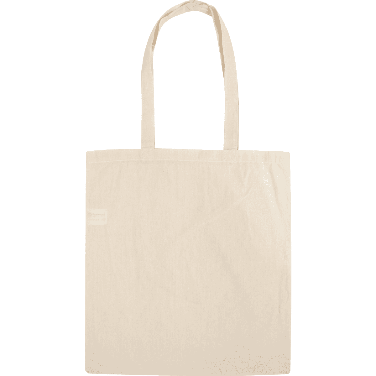 A beige tote bag with long handles and a simple design, featuring a logo on the side.