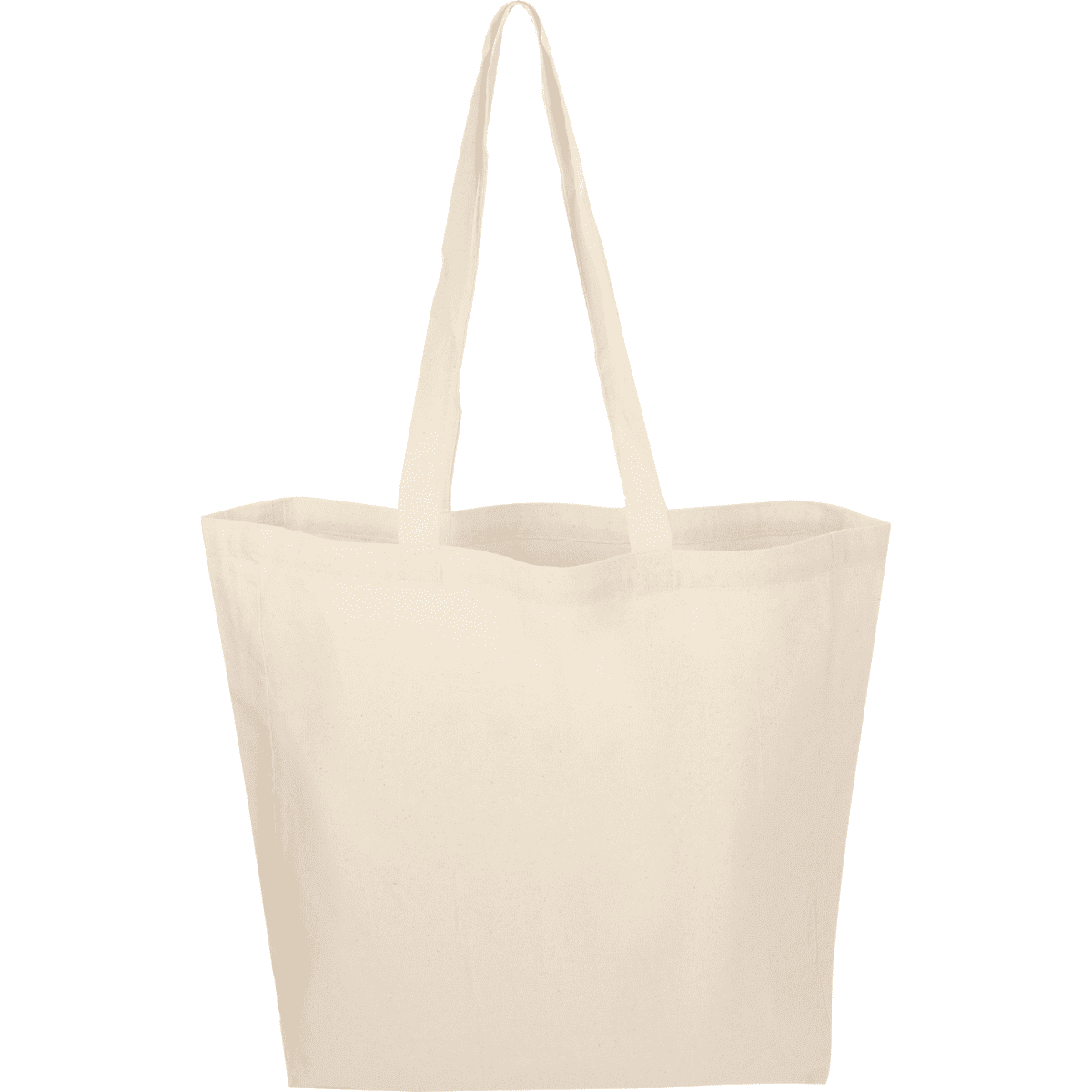 A calico tote bag in a natural beige colour with two sturdy handles and an unbranded design.