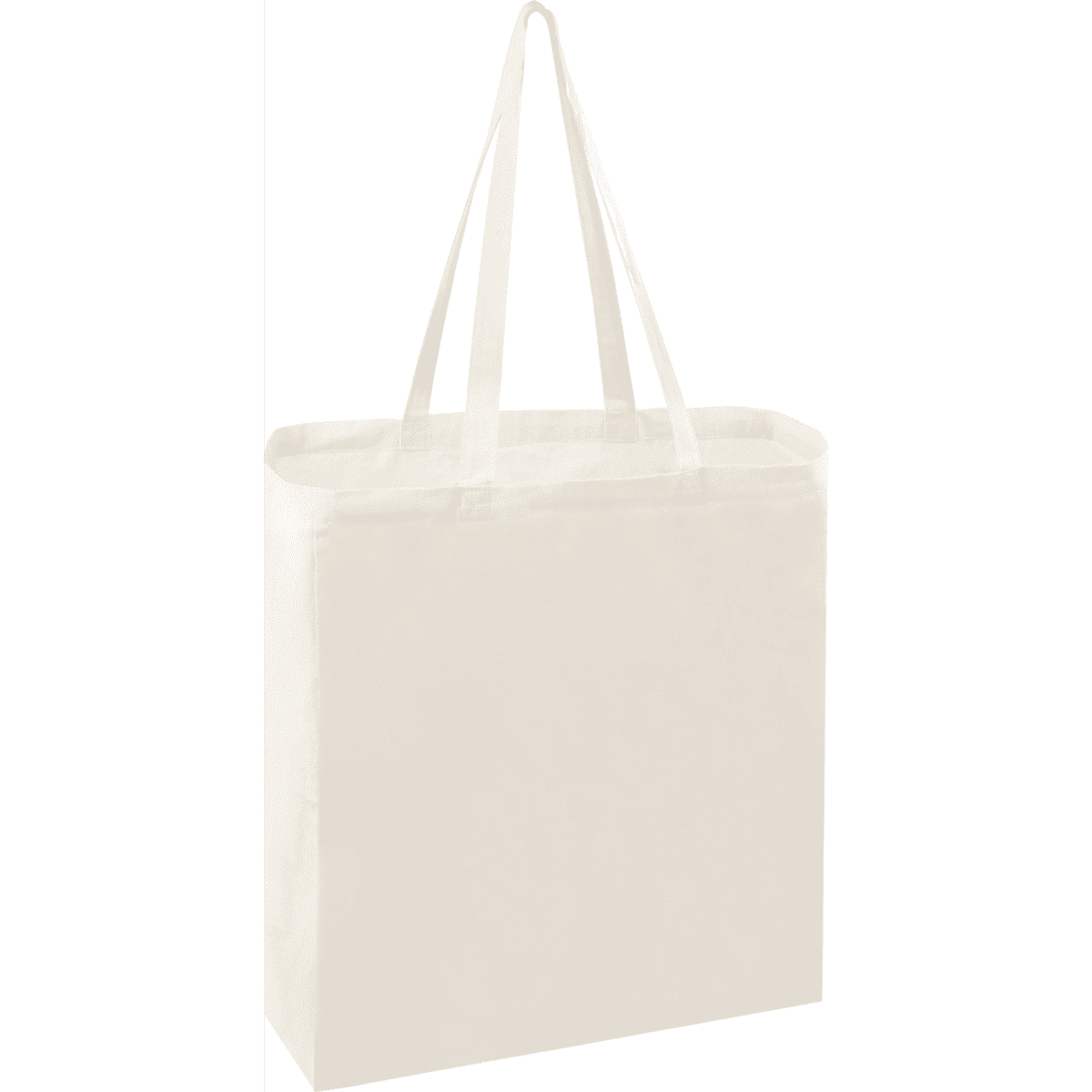 A cream-coloured tote bag with two handles and a simple, minimalist design. It features a logo or branding.
