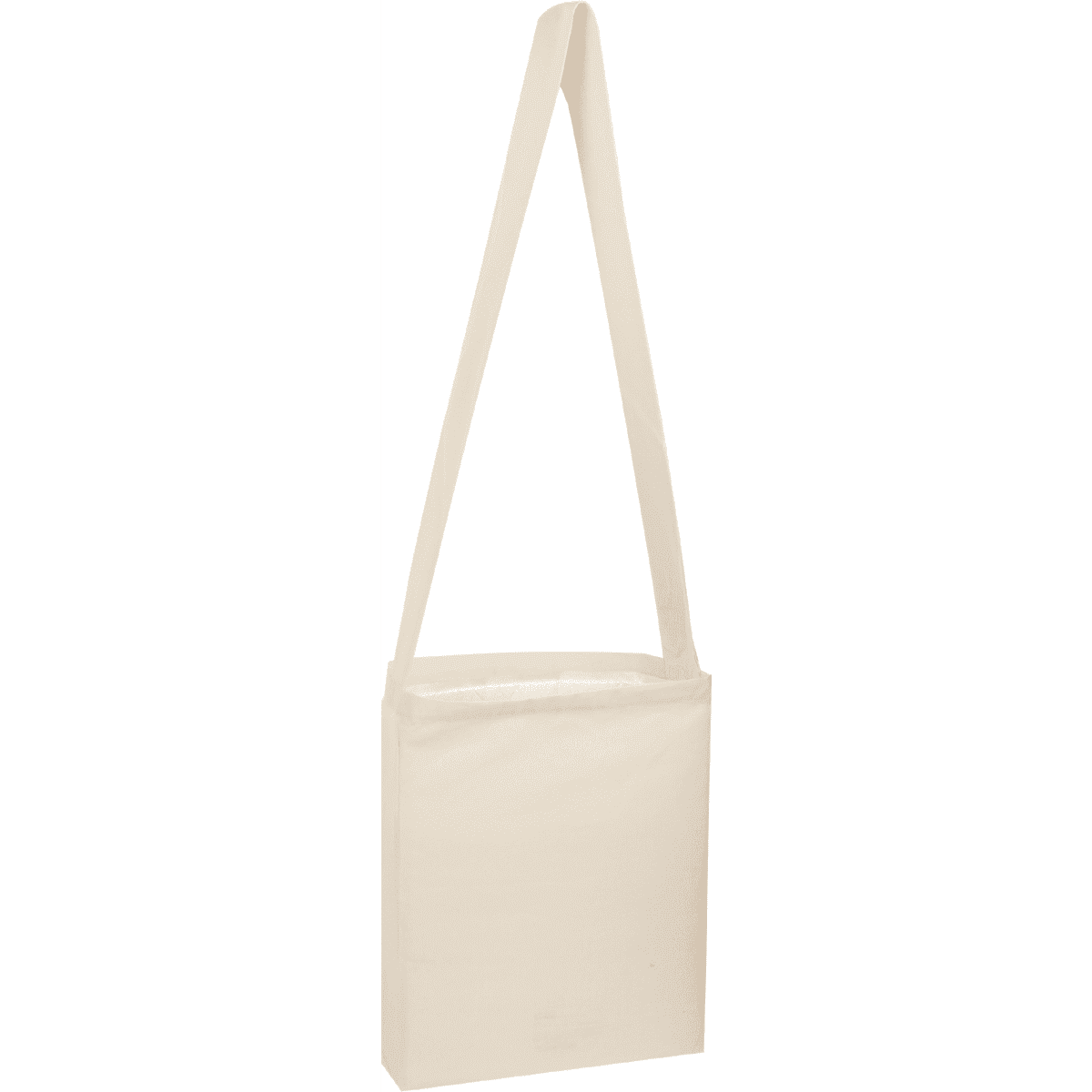 A cream-coloured sling bag with a single strap, featuring a simple design and a logo.