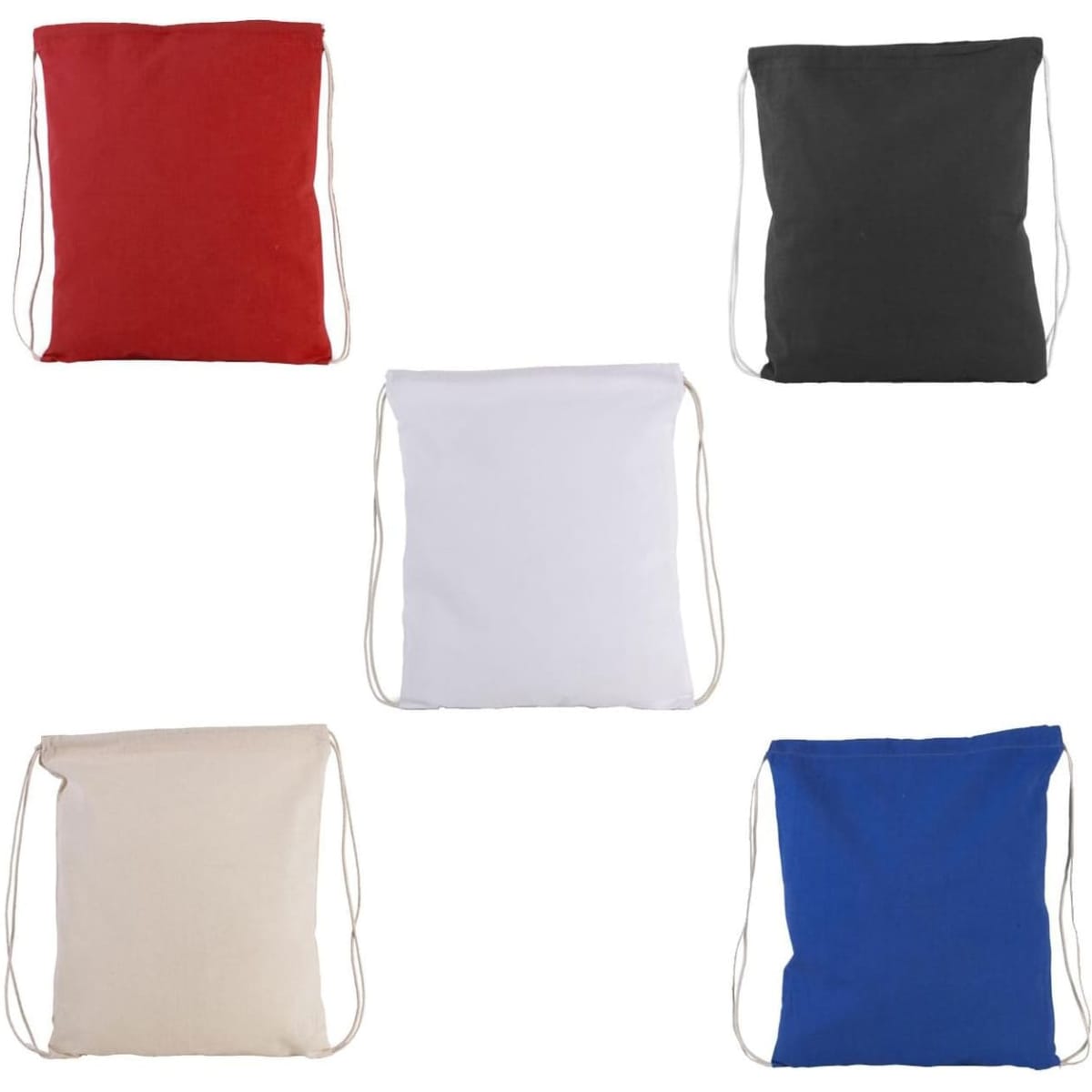 A collection of Montana Calico coloured tote bags in red, black, white, beige, and blue with drawstring closures.
