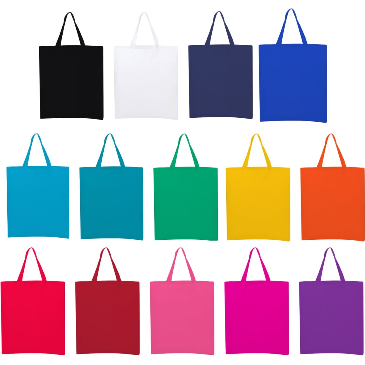 A collection of coloured calico tote bags in various shades including black, white, blue, green, yellow, red, and pink with short handles.