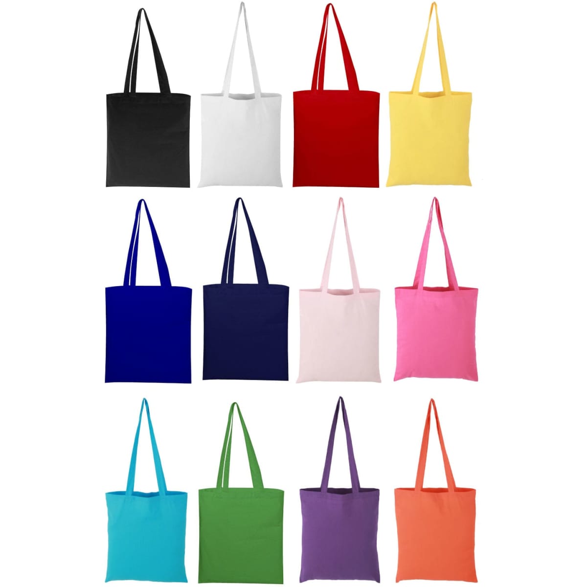 A series of coloured calico tote bags in black, white, yellow, red, navy, pink, and green. Each bag has two handles and a logo.