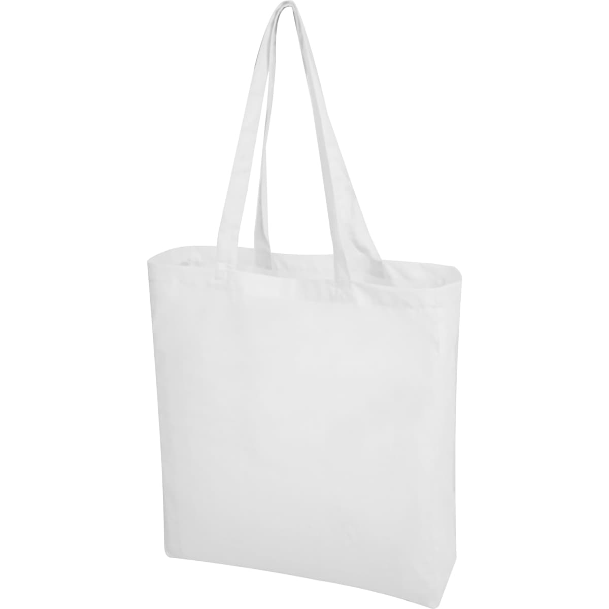 A white calico tote bag with long handles, featuring a simple design and no visible branding.
