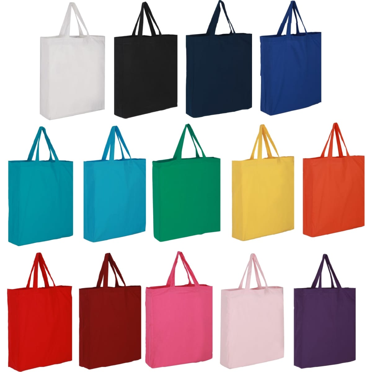 A collection of coloured cotton tote bags in various shades including white, black, blue, green, yellow, and pink, featuring handles.