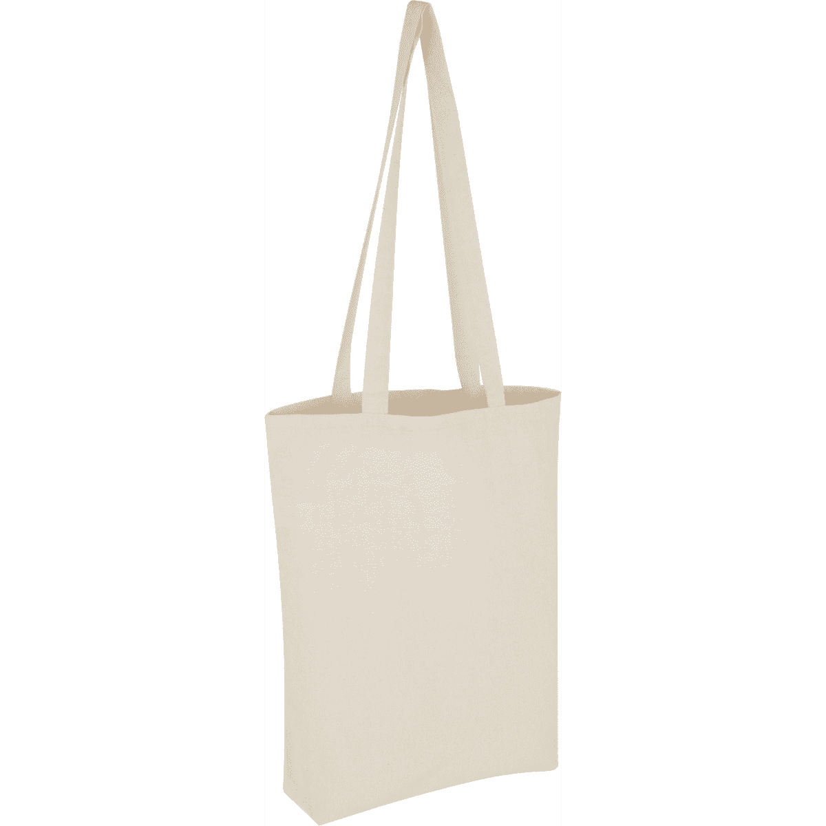 A natural cotton tote bag in a light cream colour with long handles and a simple design.