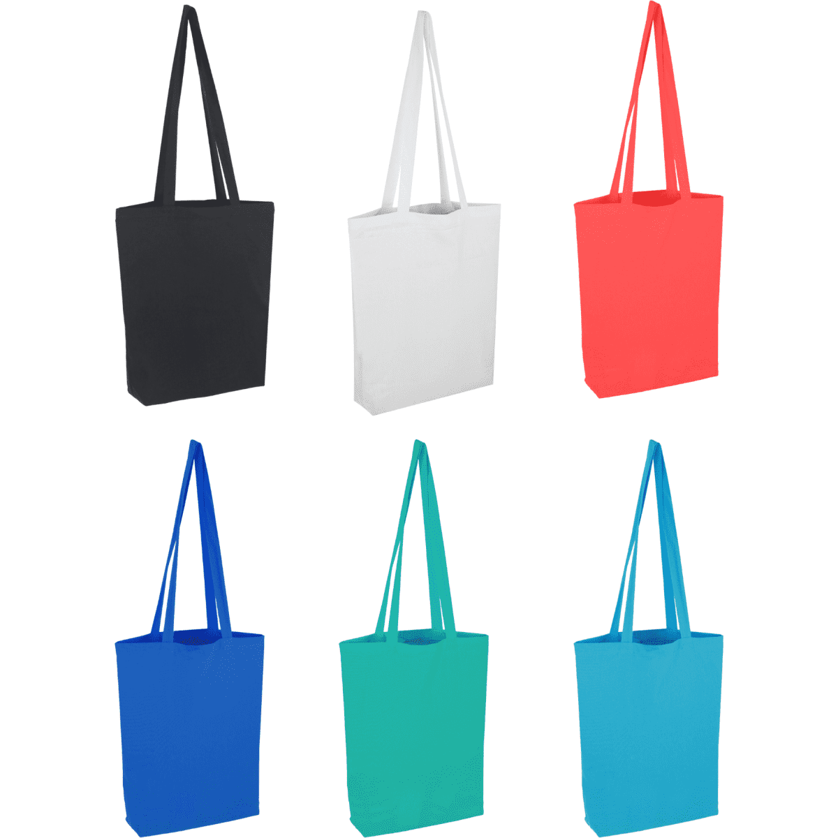 A collection of reusable cotton bags in black, white, coral, blue, teal, and aqua, each with long handles and a logo.
