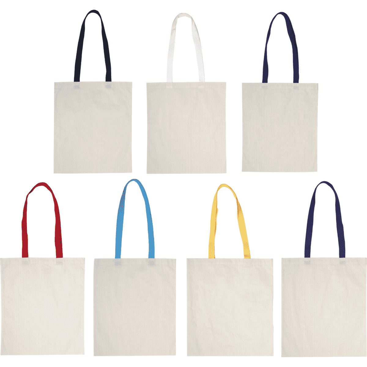 Accent cotton tote bags in natural fabric with coloured handles in red, blue, yellow, and navy. Each bag features a logo.