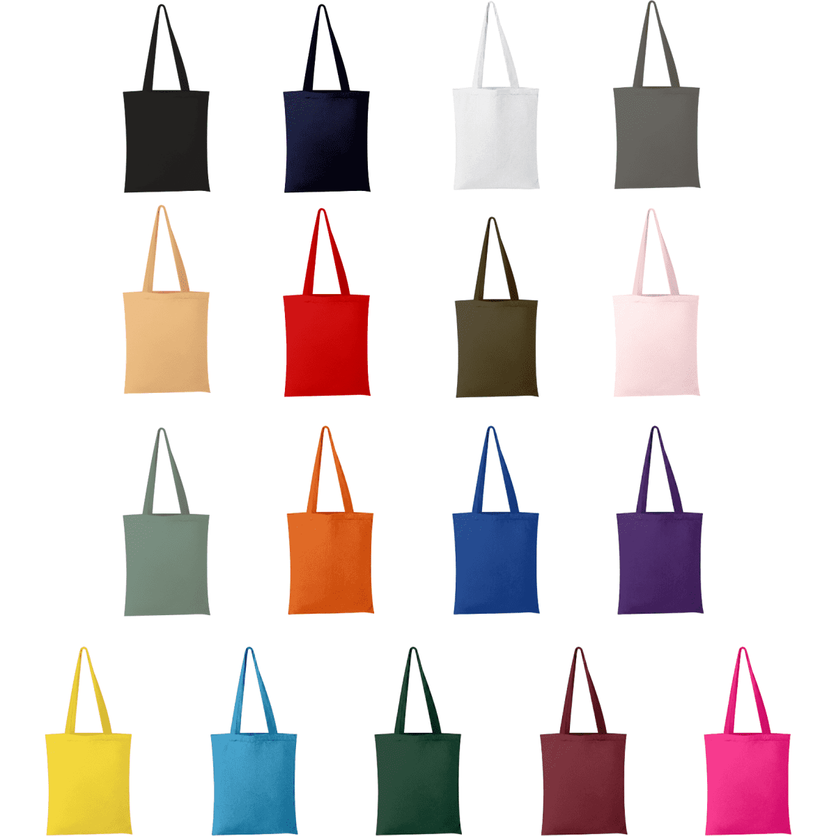 A collection of tote bags in various colours, including black, white, red, green, and purple, each with shoulder straps and branding.