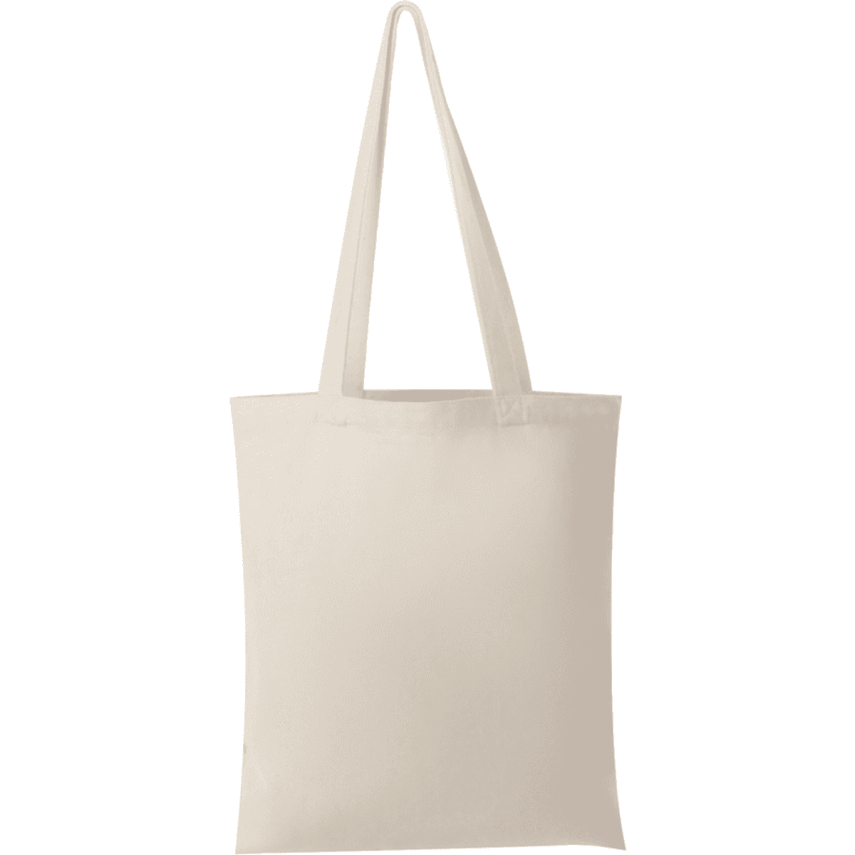 A natural-coloured canvas tote bag with two long handles and no visible branding or design.