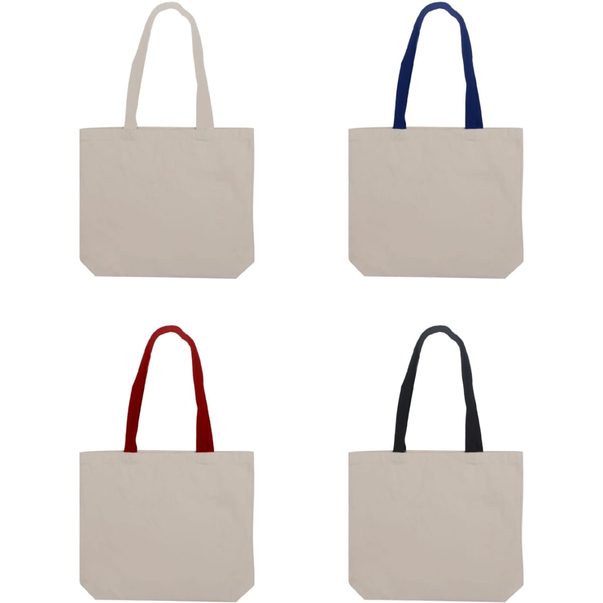 Four canvas tote bags in beige, featuring handles in navy, red, and black, with one bag displaying a logo.