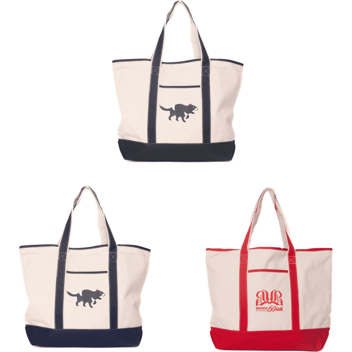 A canvas tote bag featuring a dinosaur design, available in cream, navy, and red variations. It has a logo as well.