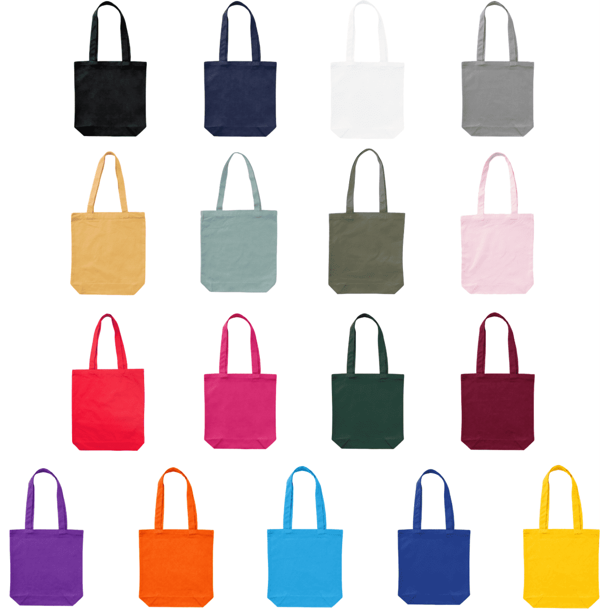 A collection of colourful tote bags in various shades, including black, navy, white, grey, yellow, green, pink, and more.