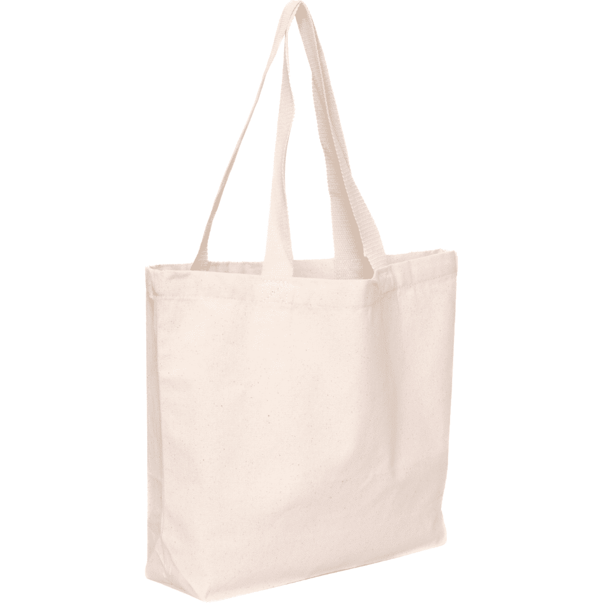 A natural canvas tote bag in cream, featuring two sturdy handles and no visible logos.