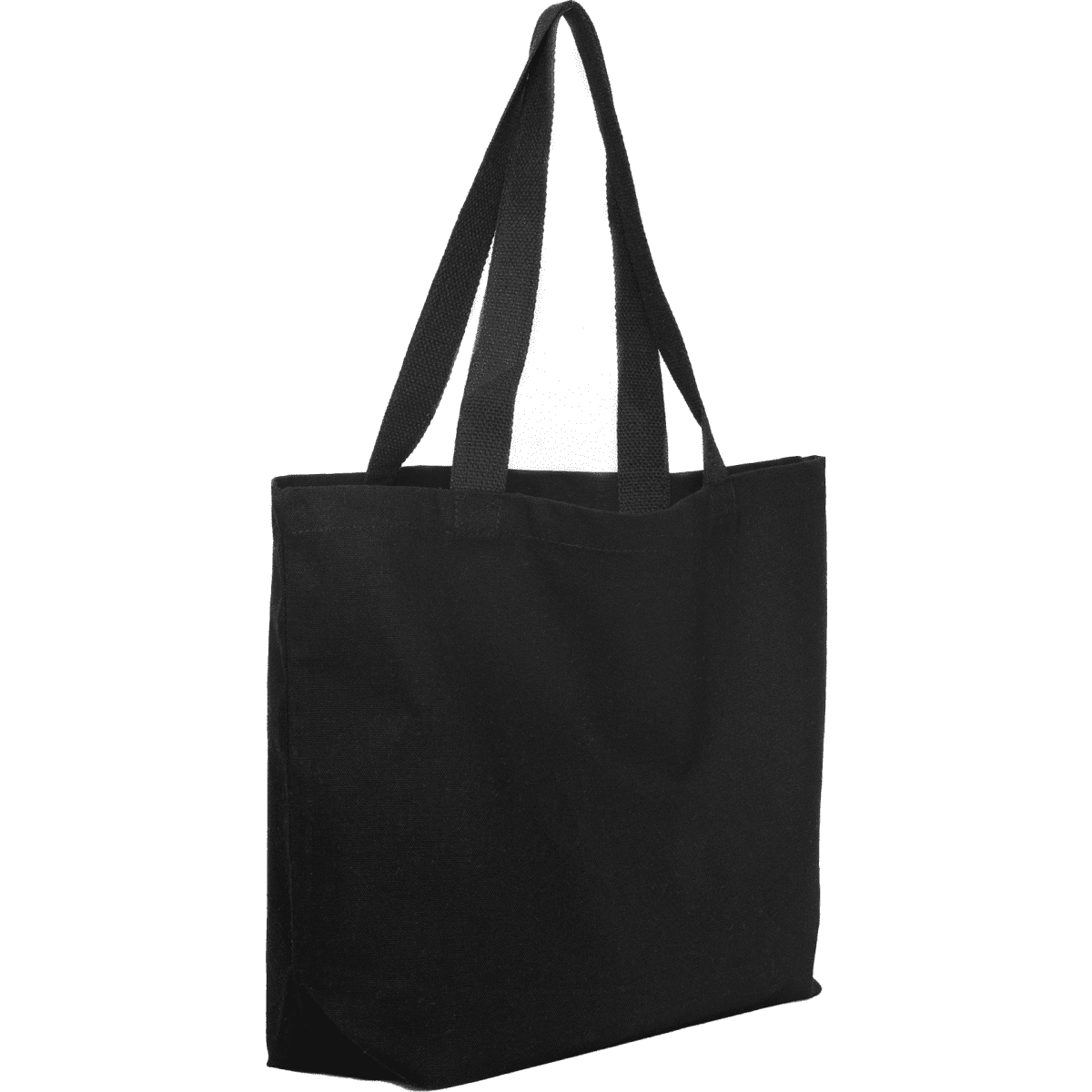A black canvas tote bag with long handles and a simple design. It features a logo on the front.