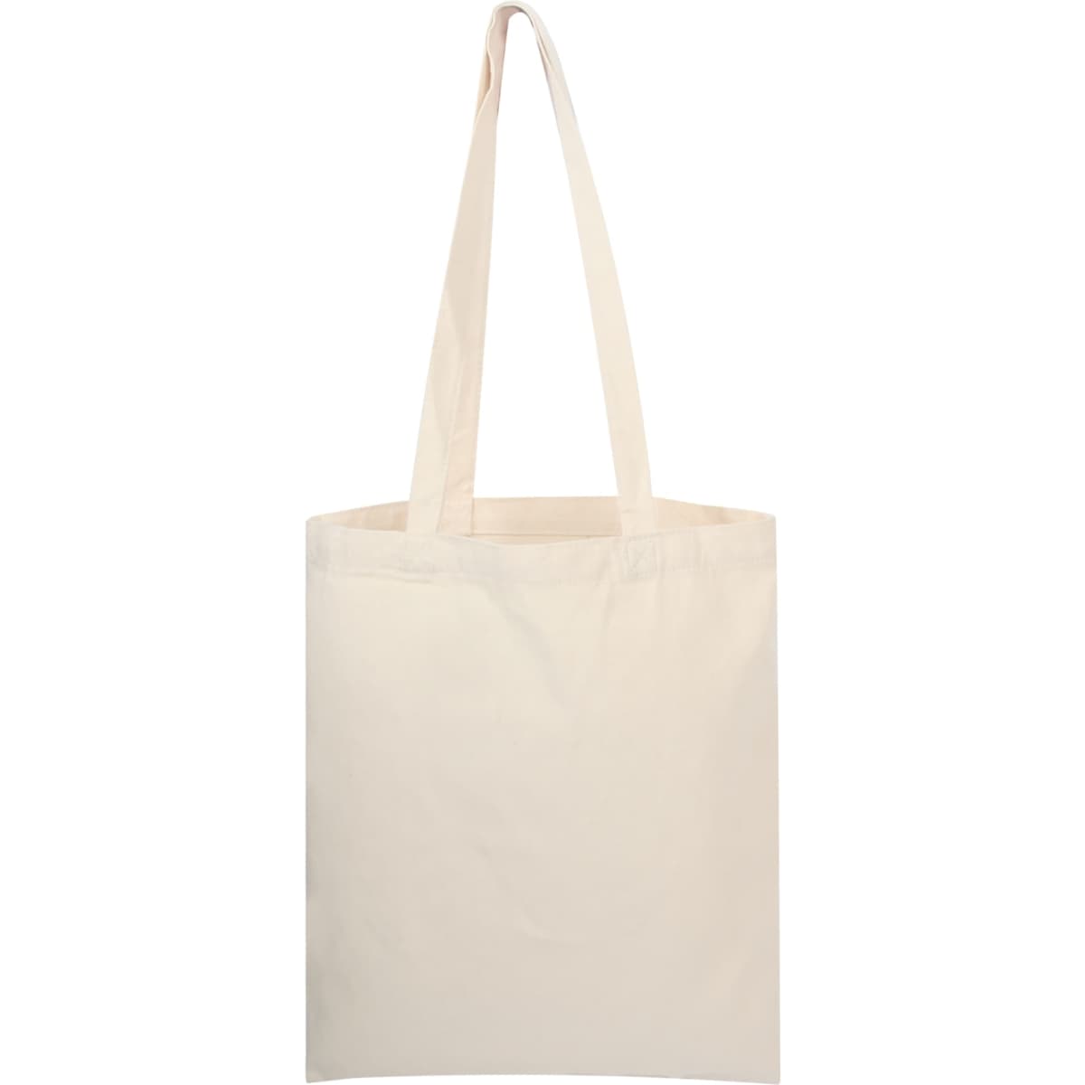 A cream-coloured canvas tote bag with long handles and a blank front, featuring a logo on one side.