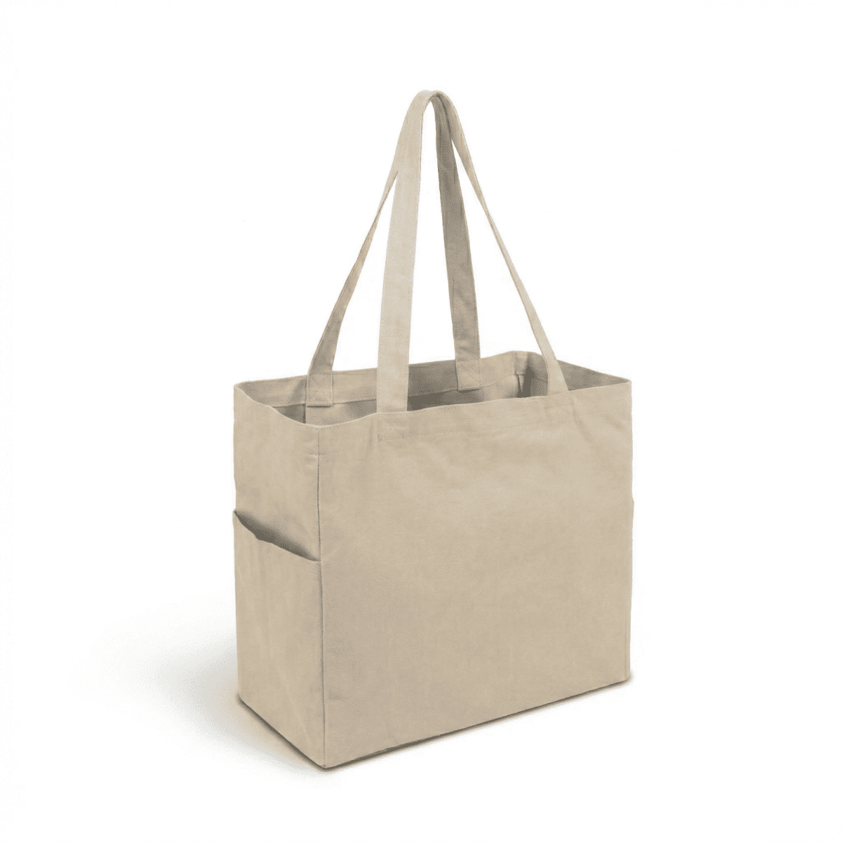 A natural beige canvas tote bag with two handles and side pockets. Contains a logo on the front.