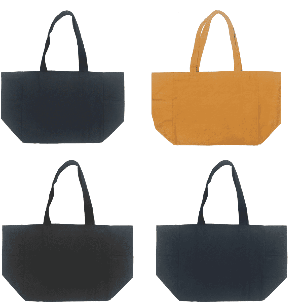 A canvas tote bag collection featuring black, navy, and mustard colours, with two bags in each colour. Each bag has handles and a logo.