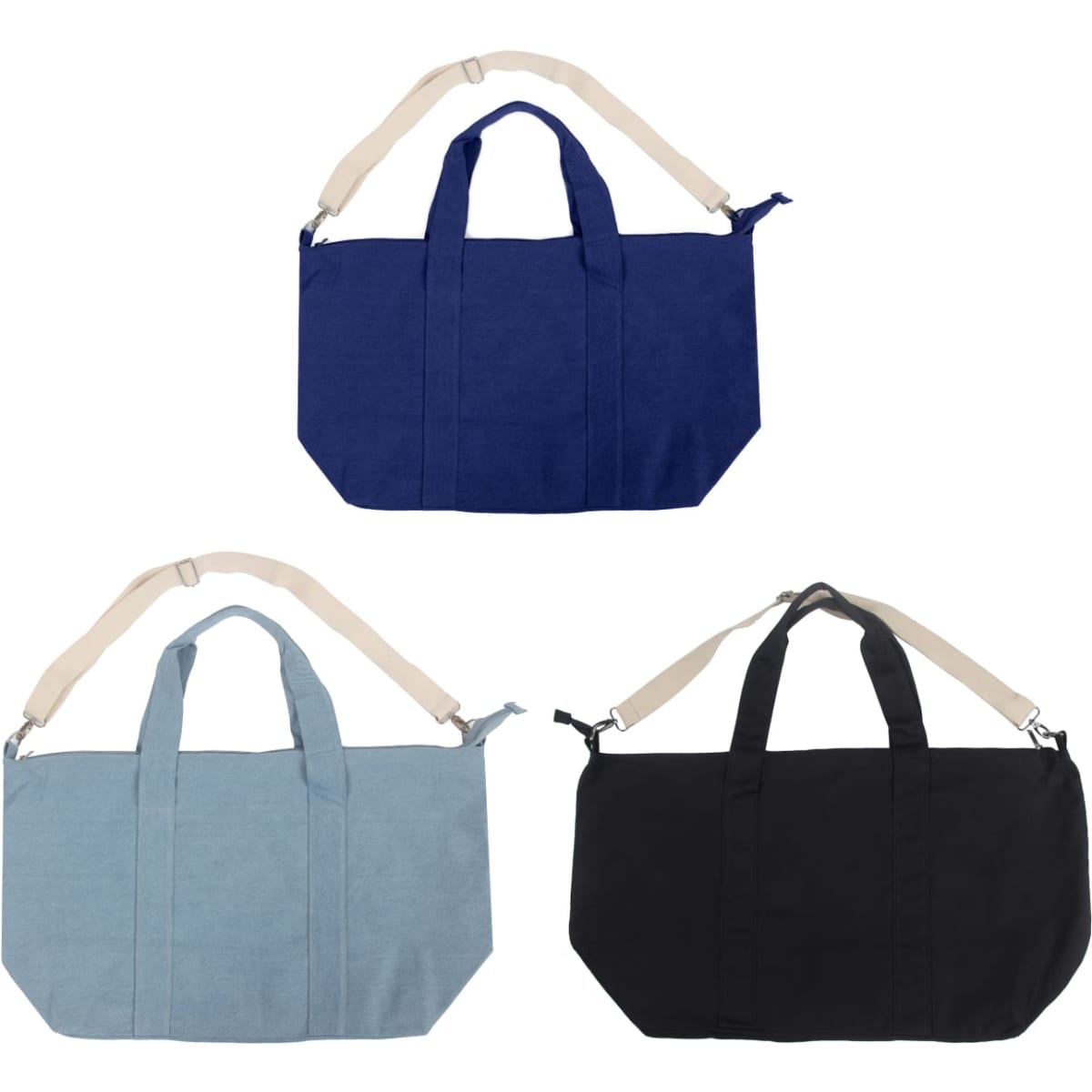 A Brighton Duffle Bag featuring three colour options: navy blue, light blue, and black, with a branded logo.