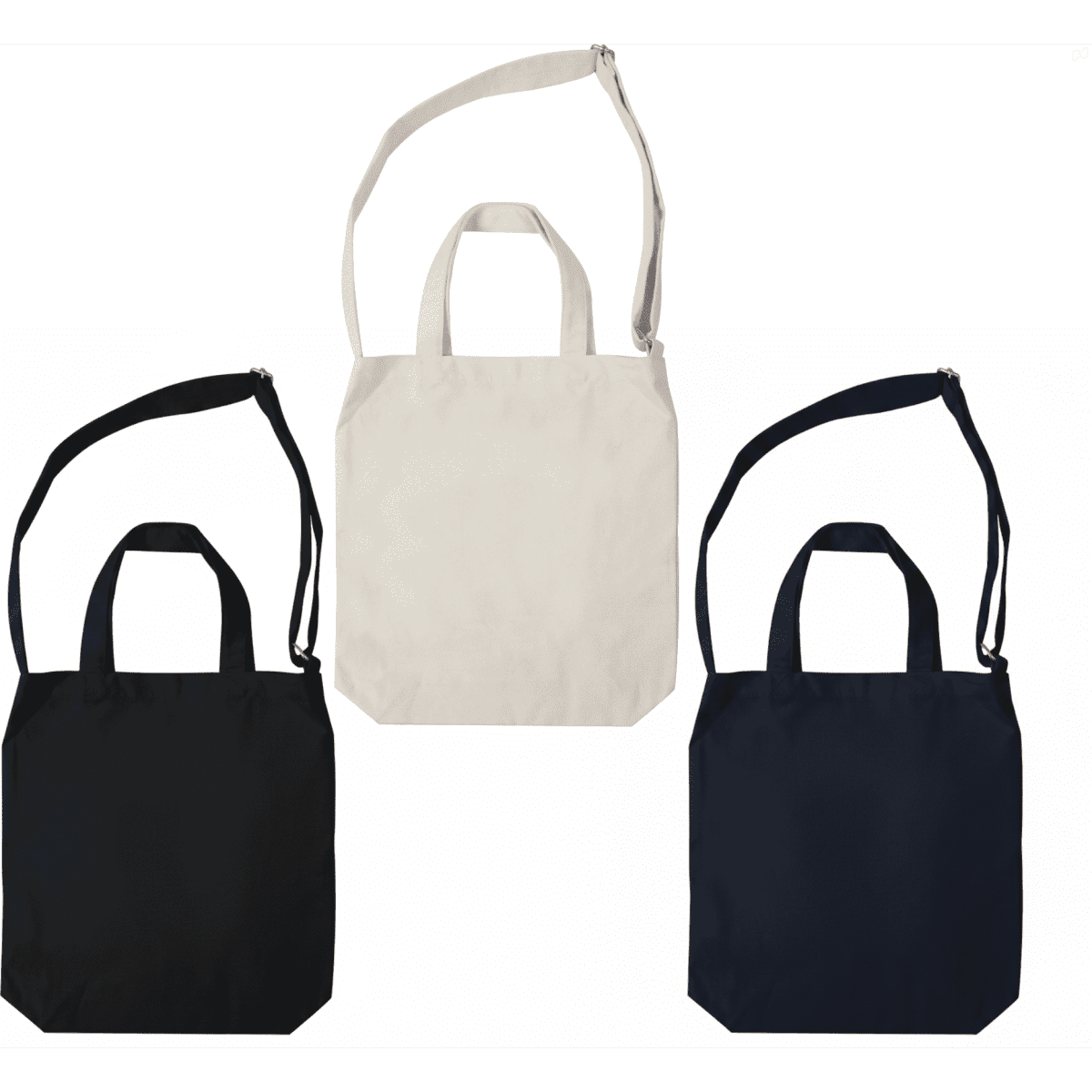 A set of three plain tote bags in black, cream, and navy, featuring handles and a logo on one.