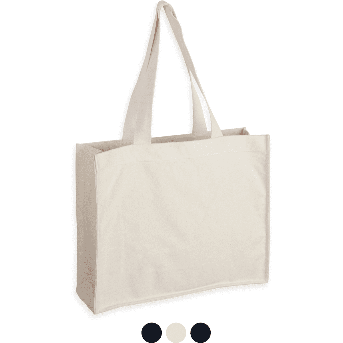 A beige canvas bag with long handles, featuring a section showing different colour options below.