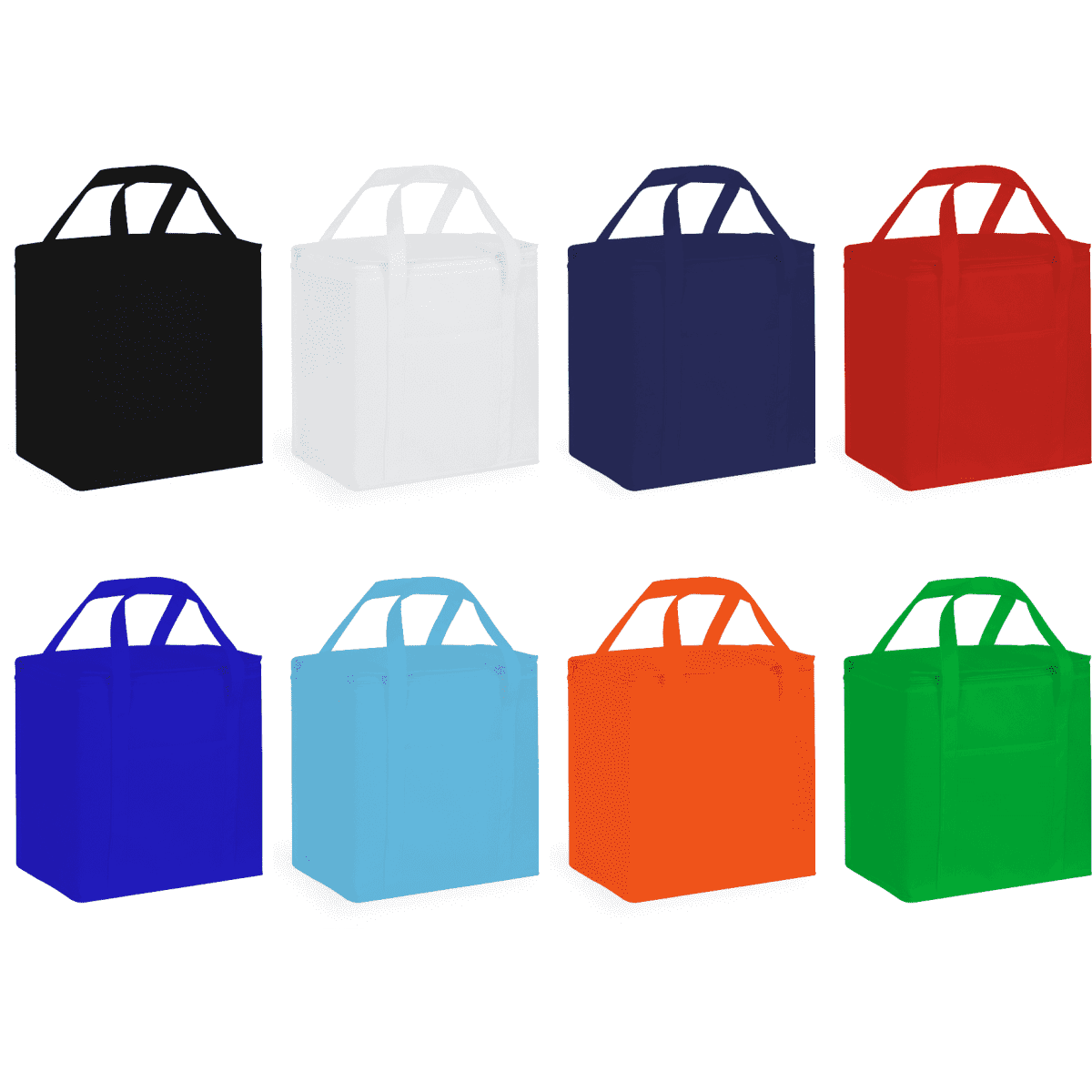 A collection of 20 litre non-woven cooler bags in black, white, navy, red, light blue, orange, dark blue, and bright orange. Each bag has handles.